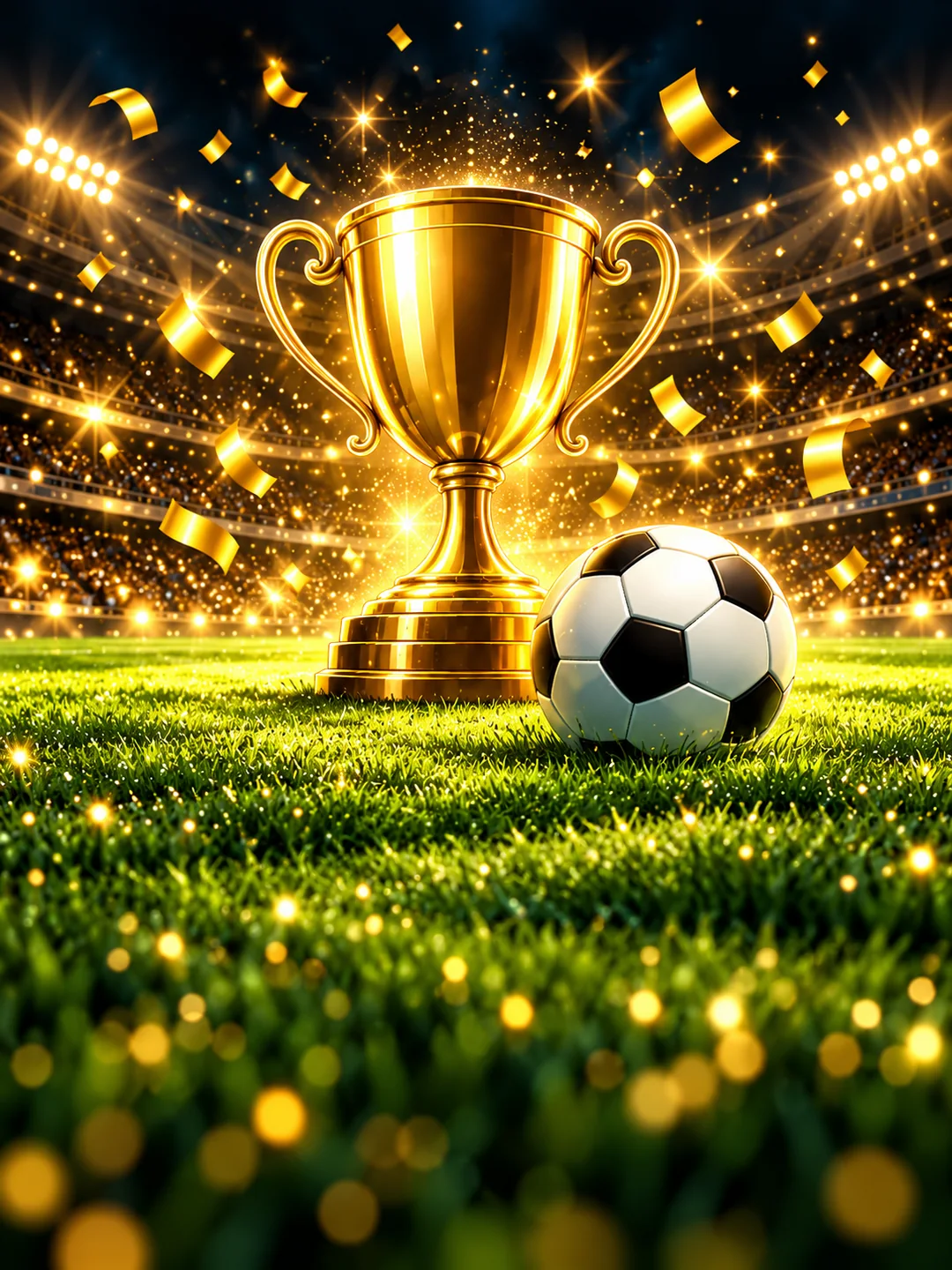 Ein goldener Pokal mit Fußball im festlich beleuchteten Stadion.